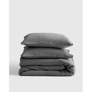 NWT Quince Grey Queen Organic Luxe Honeycomb Duvet Cover Set 100% Cotton 2 Shams
